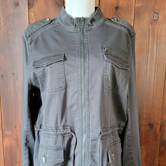Express Women M Gray Full Zip Military Utility Jacket Cargo Style Waist Cinch - Picture 1 of 10